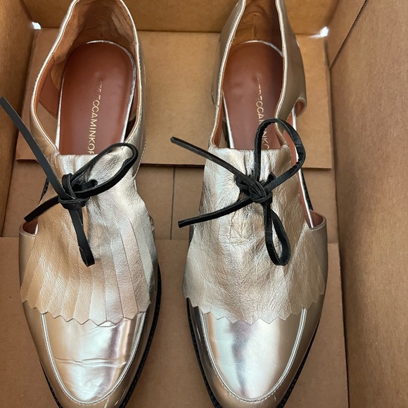 Rebecca Minkoff Silver Leather Loafers Oxford flats Cutout sides 7.5 chic - Picture 16 of 16